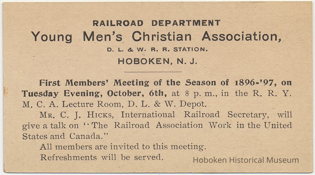 Announcement card for Members' Meeting, Railroad YMCA, Oct. 6, 1896, Lackawanna Terminal, Hoboken. picture number 1