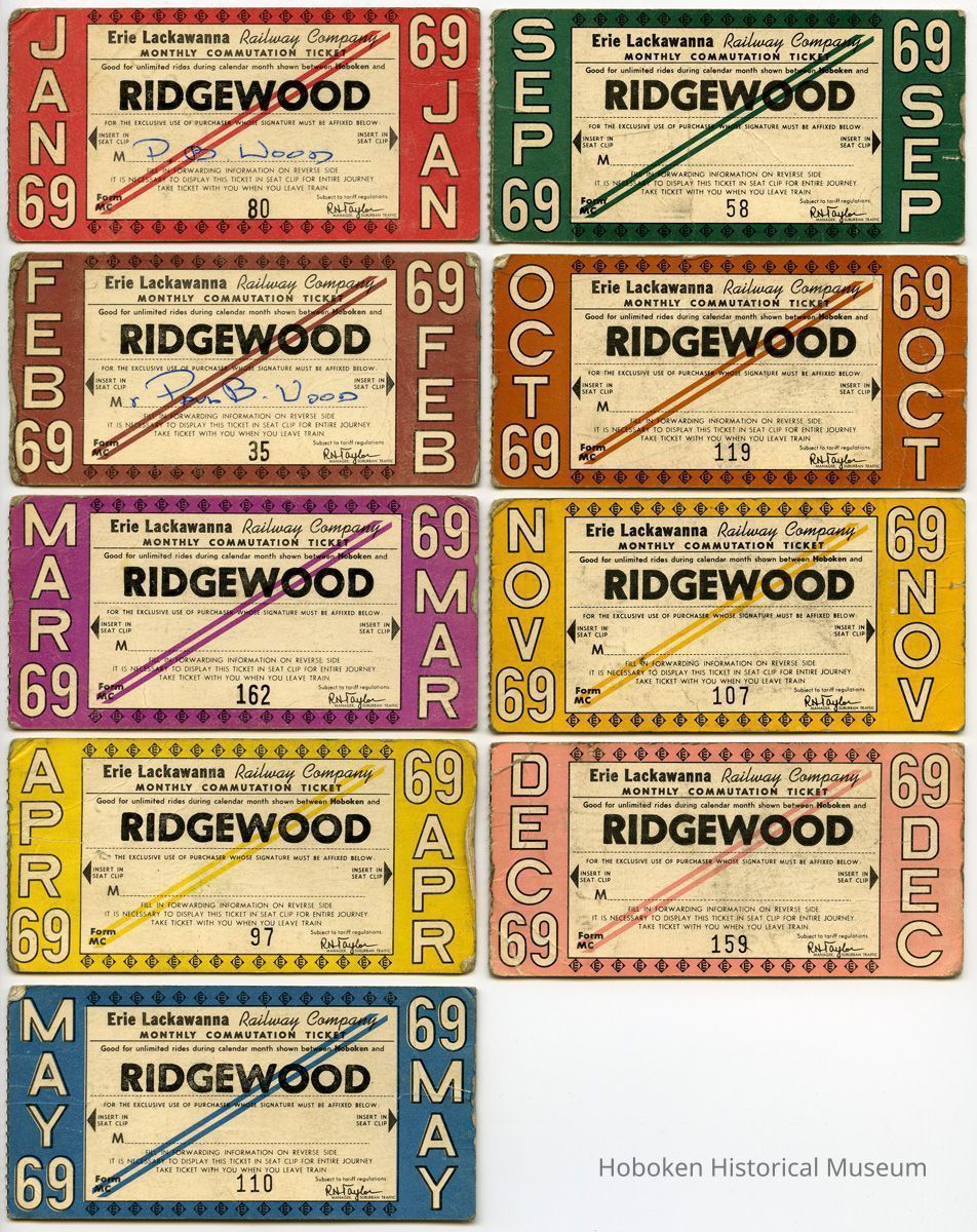 nine 1969 Erie Lackawanna Railway monthly commutation tickets