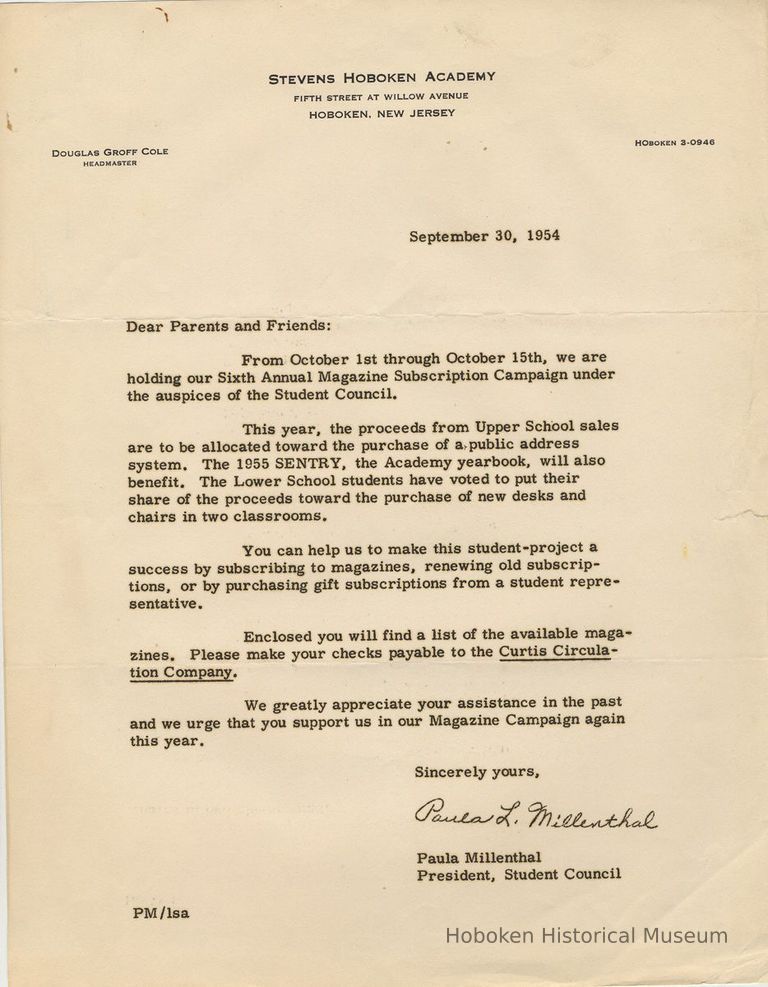 Digital image of form letter soliciting participation in Sixth Annual Magazine Subscription Campaign, Stevens Hoboken Academy, September 30, 1954. picture number 1