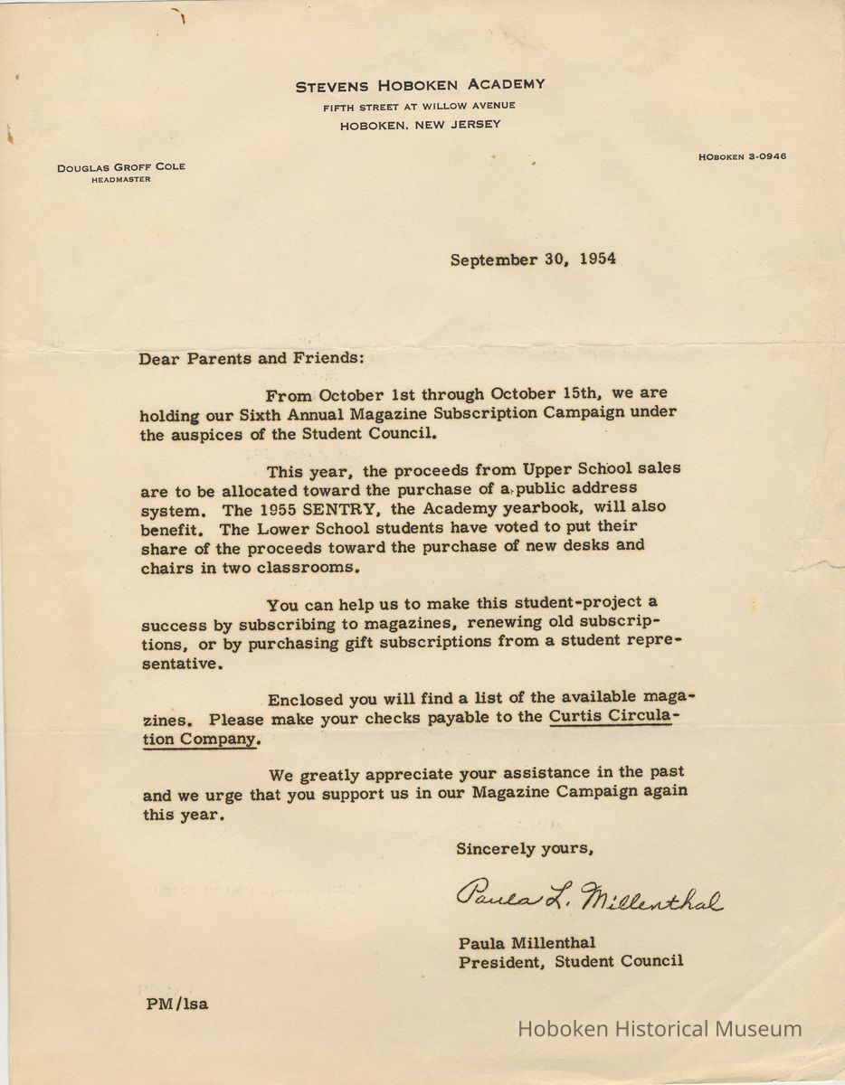 Digital image of form letter soliciting participation in Sixth Annual Magazine Subscription Campaign, Stevens Hoboken Academy, September 30, 1954. picture number 1