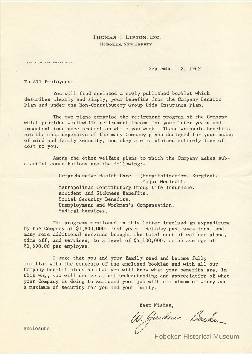 transmittal letter: President W. Gardner Barker, Hoboken, Sept. 12, 1962