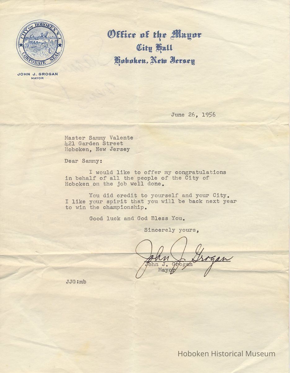 TLS from Mayor John J. Grogan to Master Sammy Valente, Hoboken congradulating him on winning a marble championship, June 1956. picture number 1