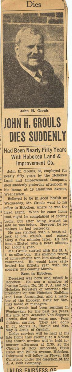 obituary article with photo of John H. Grouls