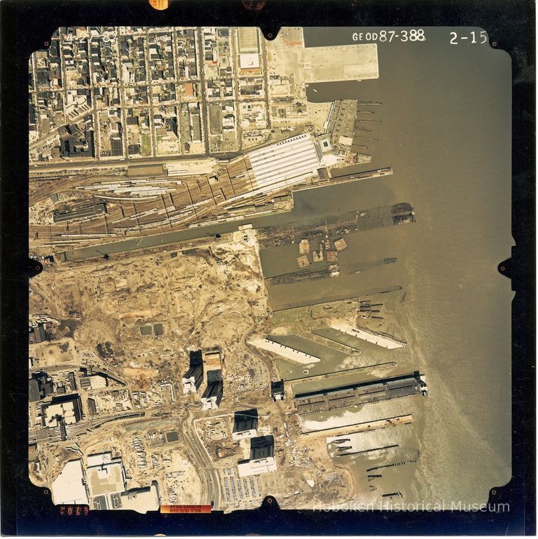 Color aerial photo of Hoboken from Grand Street to the waterfront; Newport, Jersey City to 2nd Street, April 27,1987. picture number 1