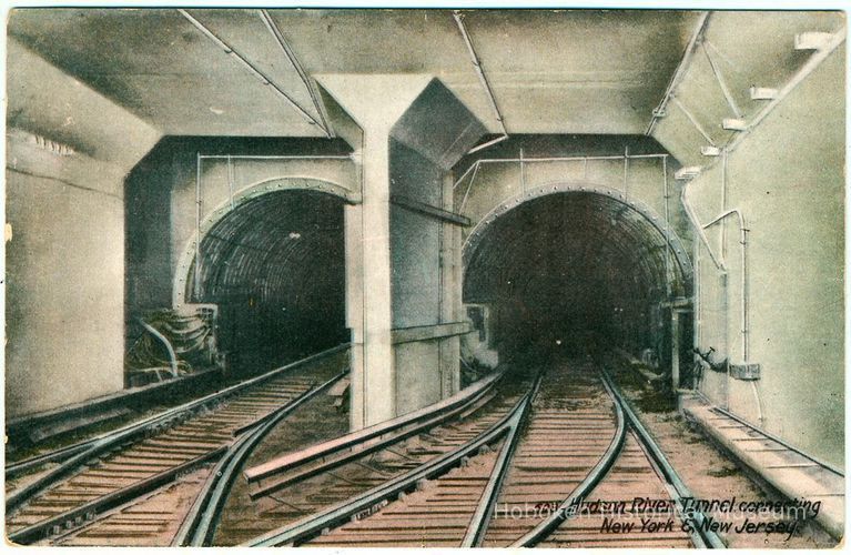 Digital image of Hudson & Manhattan R.R. postcard titled: Hudson River Tunnel, connecting New York & New Jersey. No date, ca. 1908. picture number 1