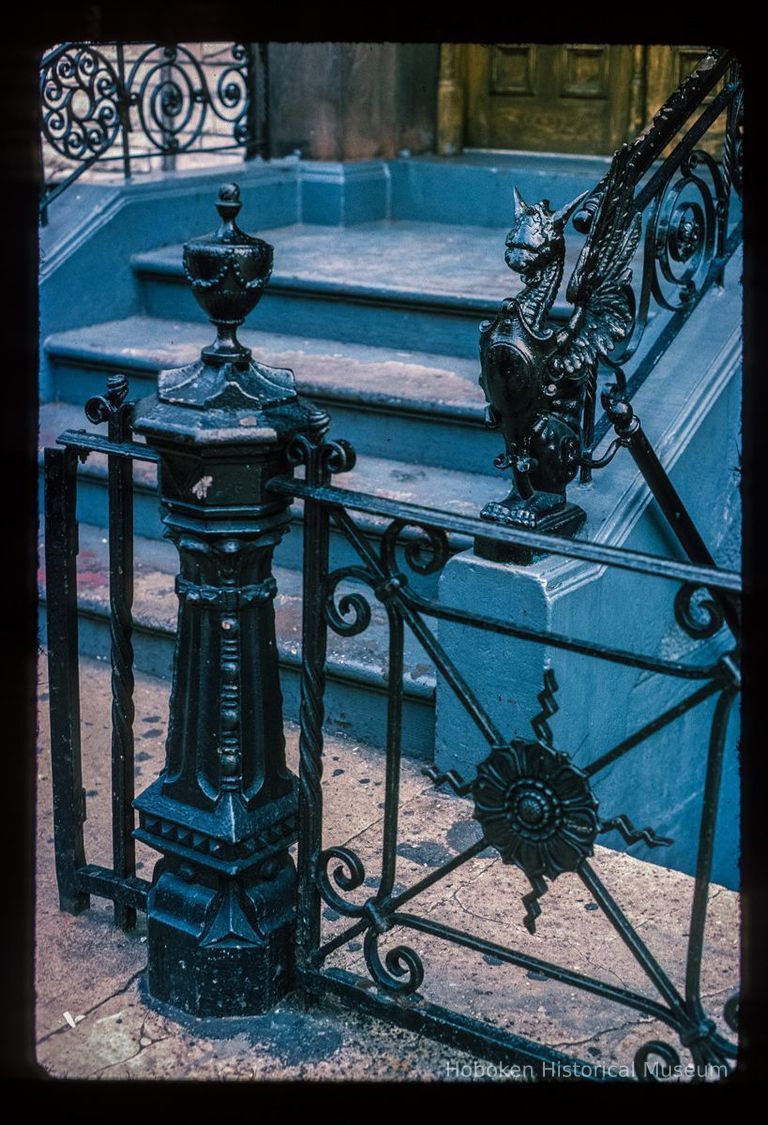 Color slide of detail view of stoop railings, balustrades and newels at 1201 Bloomfield on the NE corner with 12th picture number 1