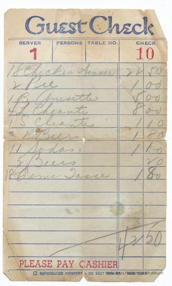 Restaurant bill for a meal related to the Nicola Principe family or their ice cream and ices business, no date, circa 1960. picture number 1