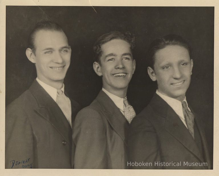 B+W publicity photo of singer Johnny Ryan, center, with 2 unidentified men. (New York), no date, ca. mid-1930's-early 1940's. picture number 1