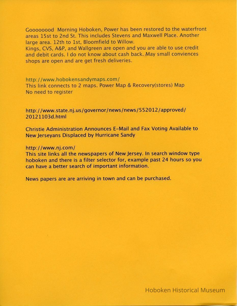 Picard newsletter, Hoboken, no date, circa Monday, Nov. 5, 2012
