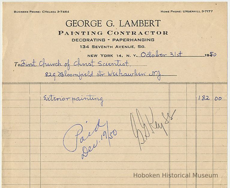 Bill to First Church of Christ, Scientist, 829 Bloomfield St., Weehawken [actually Hoboken}, from Geo. Lambert for exterior painting, 1950 picture number 1