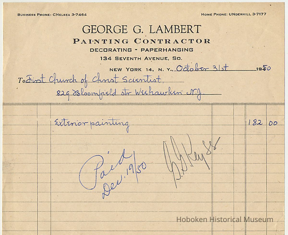 Bill to First Church of Christ, Scientist, 829 Bloomfield St., Weehawken [actually Hoboken}, from Geo. Lambert for exterior painting, 1950 picture number 1