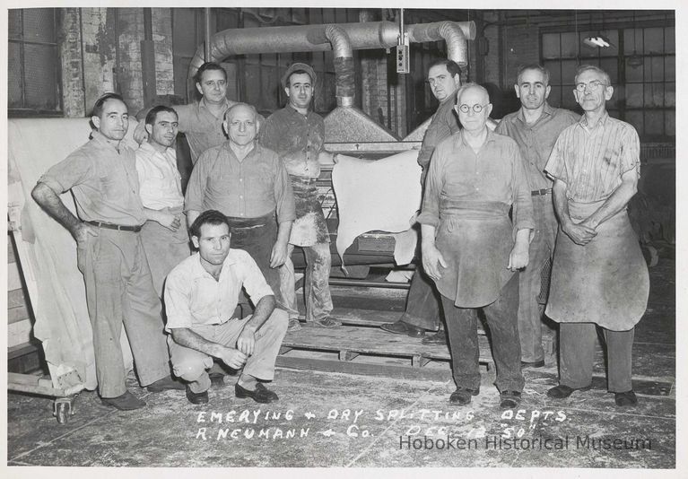 B+W photo of R. Neumann & Co. emerying and dry splitting department, Hoboken, December 12, 1950. picture number 1