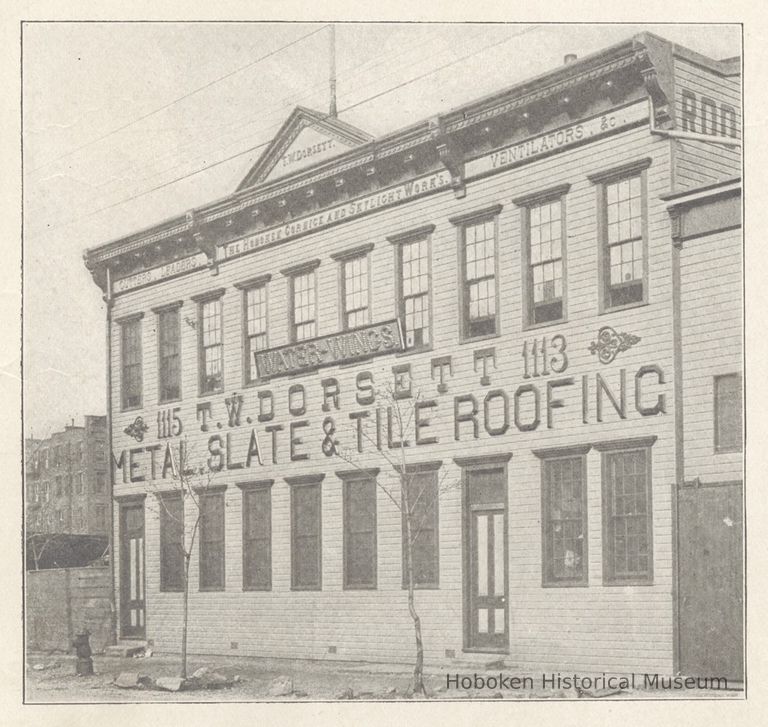 Printed B+W photograph of T.W. Dorsett, metalwork & roofing, 1113-1115 Clinton Street, Hoboken, no date, ca. 1906-1908. picture number 1