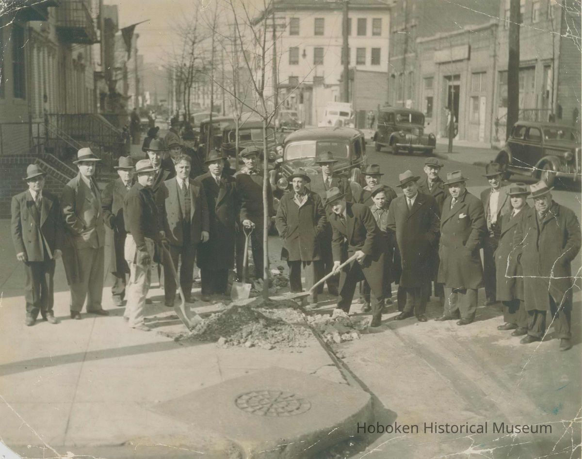 Color copy photo of a B& W photo of tree planting ceremony at an unidentified street corner, Hoboken, no date, ca. 1935-40. picture number 1