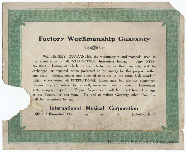 Certificate: Factory Workmanship Guaranty from the International Musical Corporation, Hoboken, N.J. for their instrument (ukelin), 1929. picture number 1