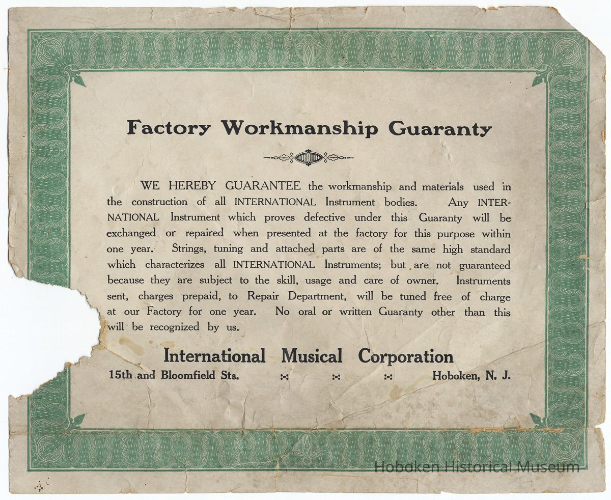 Certificate: Factory Workmanship Guaranty from the International Musical Corporation, Hoboken, N.J. for their instrument (ukelin), 1929. picture number 1