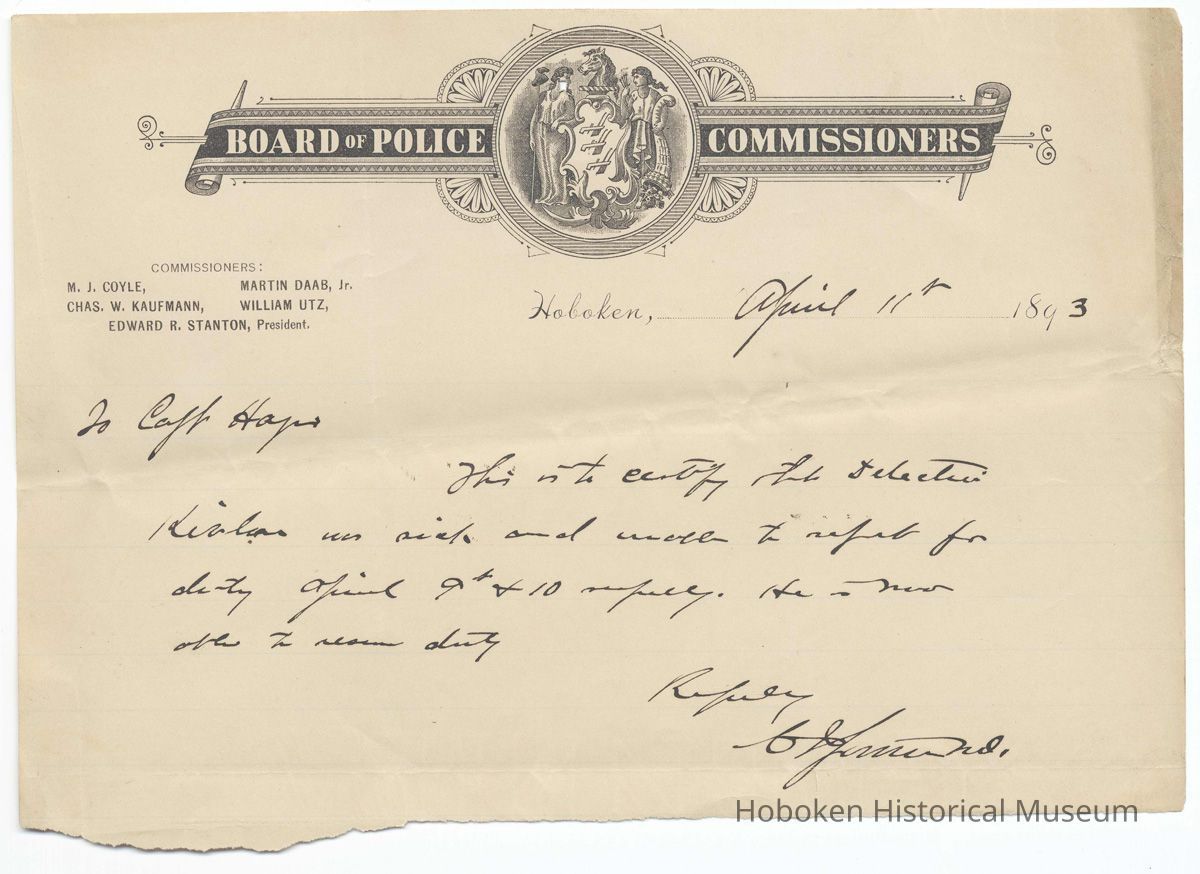 Digital image, document: Police Department, note re sick officer and return to work, Hoboken, April 11, 1893. picture number 1