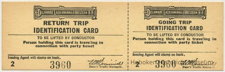 Trip Identification card, Going / Return. (For party ticket travel.) D.L. & W. R.R., n.d., ca. 1940-1960. picture number 1