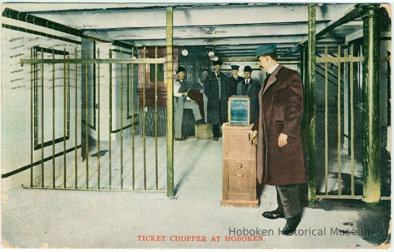 Digital image of Hudson & Manhattan R.R. postcard titled: Ticket chopper at Hoboken. No date, ca. 1908. picture number 1