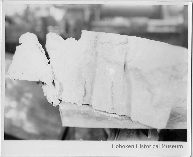 B+W photo of a broken casting on a work table, United Dry Dock, Hoboken, no date, ca. 1937. picture number 1