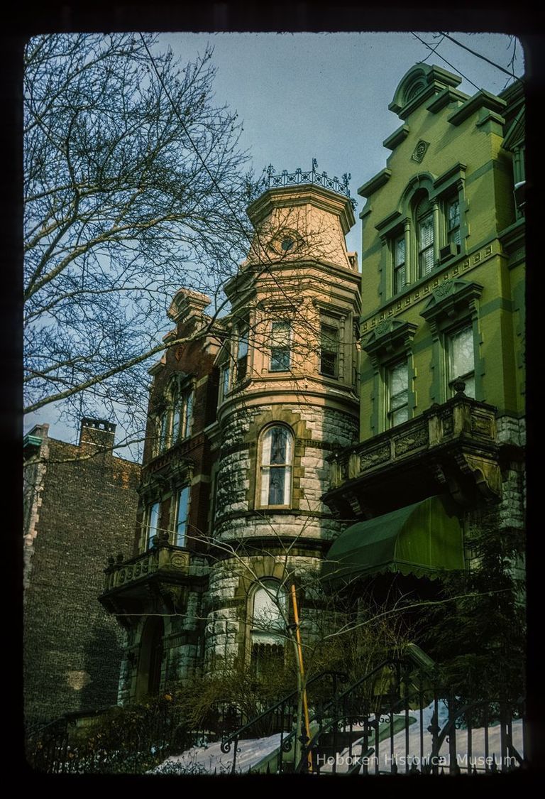 Color slide of eye-level view of brownstone facades at 921 and 925 Hudson Street between 9th and 10th picture number 1