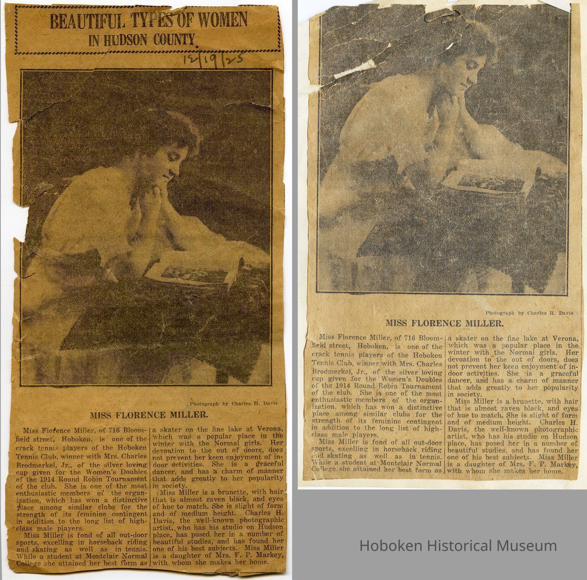 two clips of same article: loose, dated 12/19.25; left mounted clipping