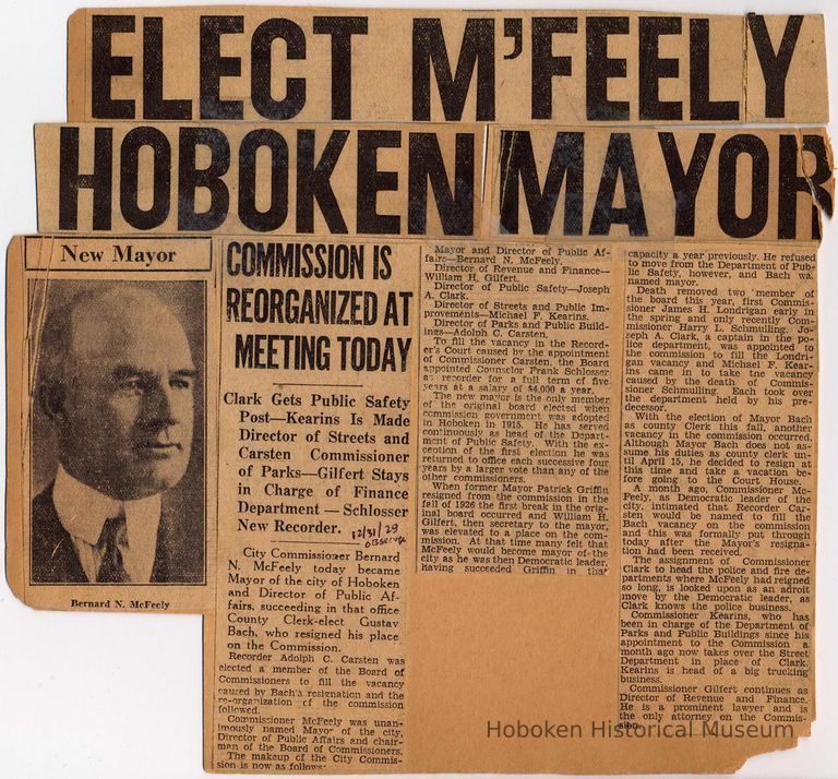 Digital image of Dec. 31, 1929 Hudson Observer newsclipping re Bernard N. McFeely becoming Mayor of Hoboken. picture number 1