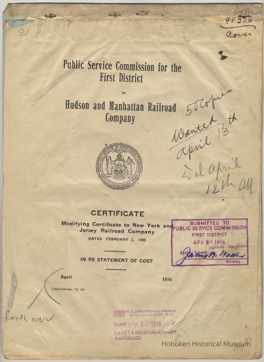 cover sheet: duplicate title with printer's stamp; commission stamp + notes