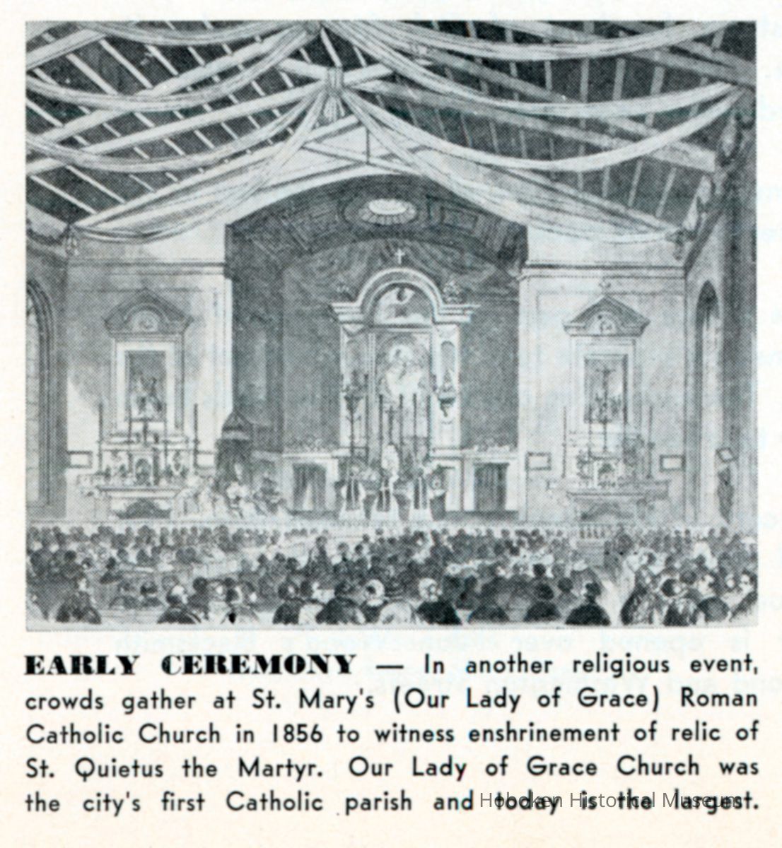 Reference image: Etching of ceremony at Saint Mary's (Our Lady of Grace) Church for enshrinement of a relic of St. Quietus the Martyr, Hoboken, 1856. picture number 1