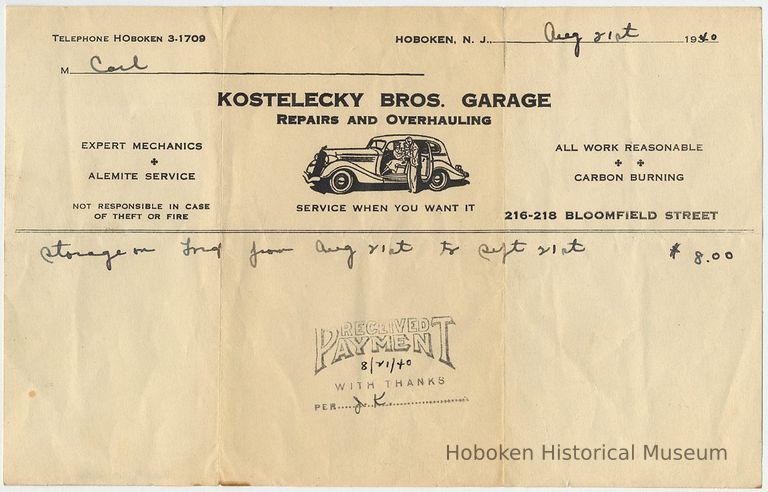 Billhead: Kostelecky Bros. Garage, Repairs and Overhauling, 216-218 Bloomfield St., (Hoboken), August 21, 1940. picture number 1