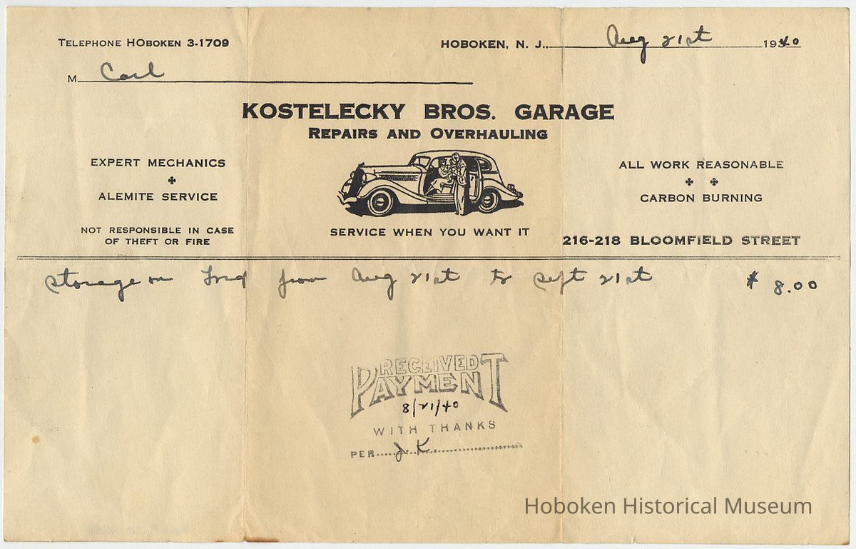Billhead: Kostelecky Bros. Garage, Repairs and Overhauling, 216-218 Bloomfield St., (Hoboken), August 21, 1940. picture number 1