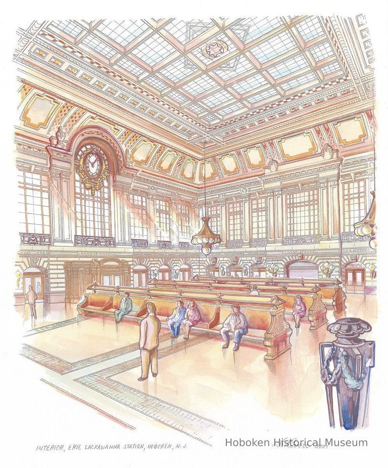 Color print of drawing: Interior, Erie Lackwanna Station, Hoboken, N.J. By Richard La Rovere, 2001. picture number 1