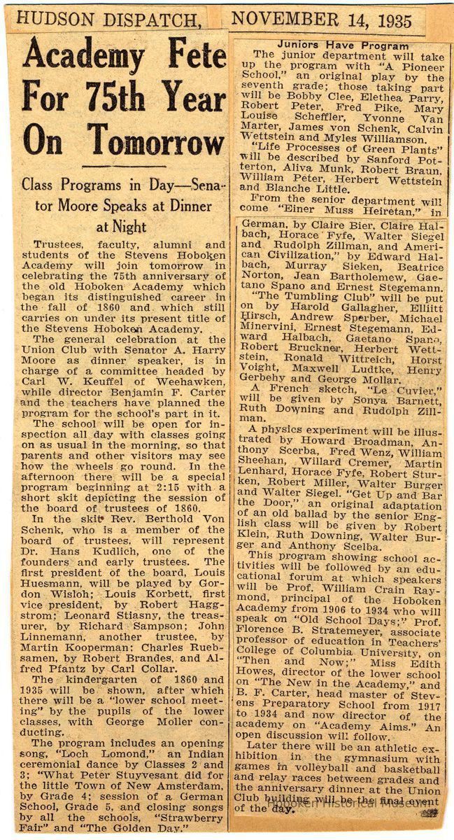 Digital images of Digital image of newsclipping: [Hoboken] Academy Fete for 75th Year on Tomorrow. Hudson Dispatch, Nov. 14, 1935. picture number 1