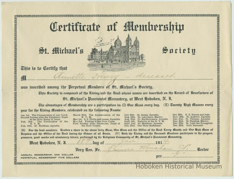 Certificate of Membership in the St. Michaels Society, West Hoboken, N.J., for Annette Henry, deceased, Jan. 14, 1914. picture number 1