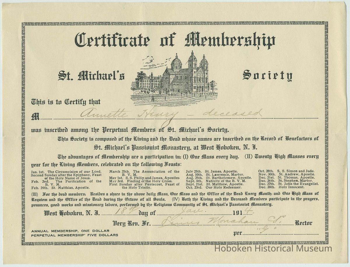 Certificate of Membership in the St. Michaels Society, West Hoboken, N.J., for Annette Henry, deceased, Jan. 14, 1914. picture number 1