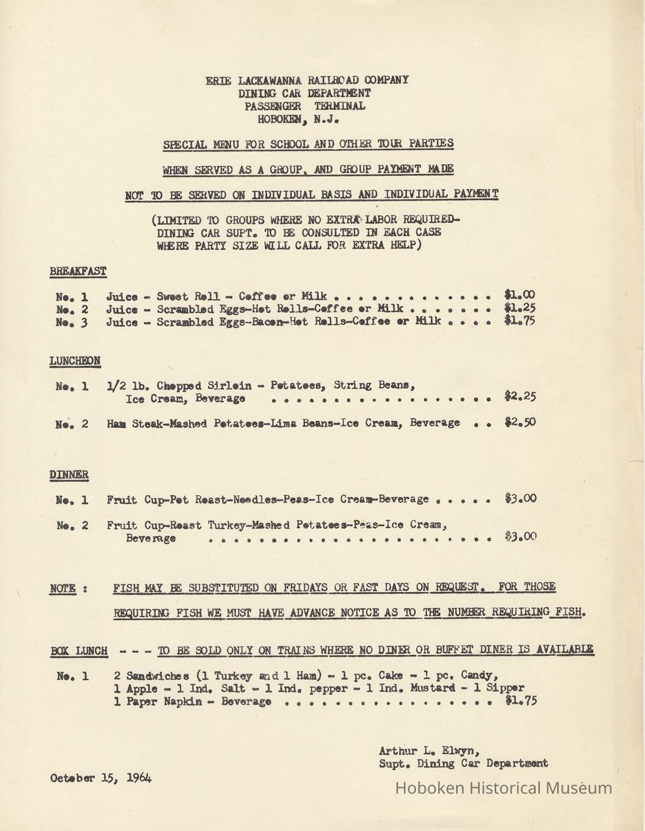 menu (memo) for school or other groups