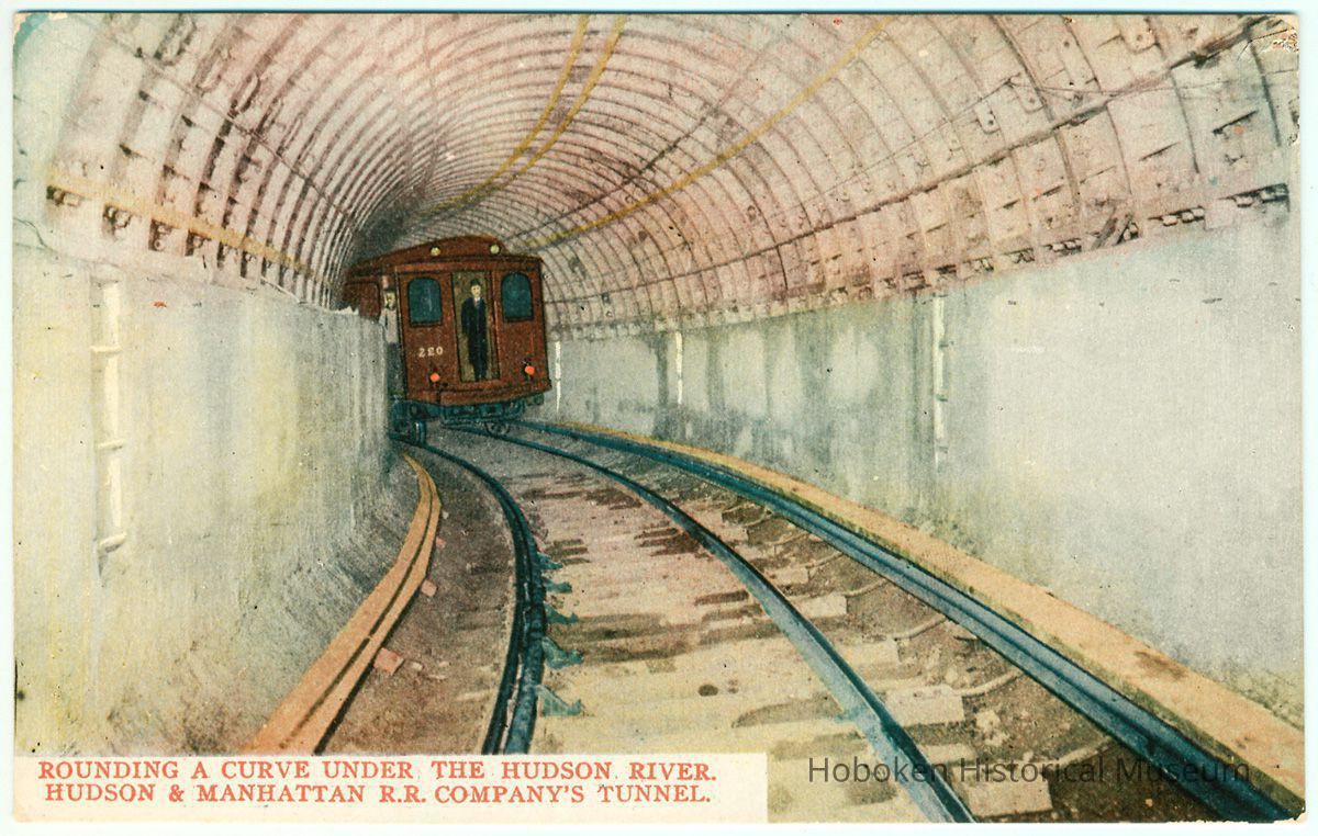 Digital image of postcard titled: Rounding a curve under the Hudson River., Hudson & Manhattan R.R. Company's Tunnel. No date, ca. 1908. picture number 1