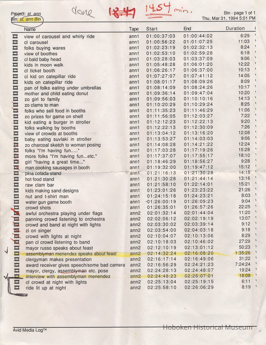 Media log (scene name list and duration)