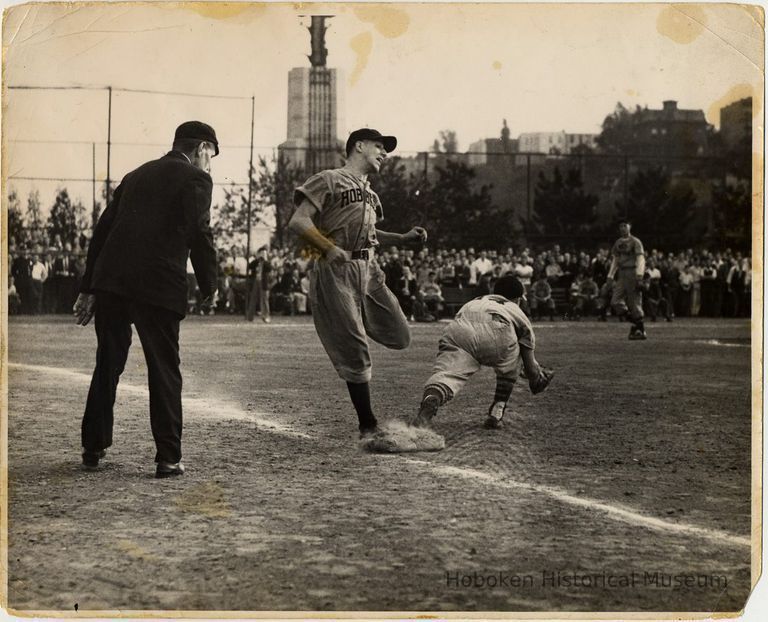 B+W photo of player in Hoboken uniform at baseball game in Weehawken, N.J., no date, circa 1950-1955. picture number 1