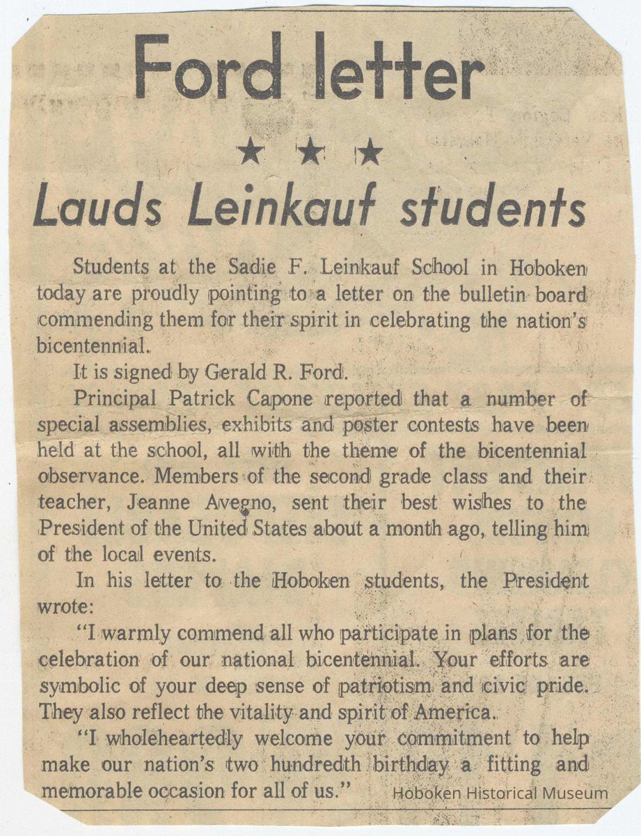 Newsclipping about a reply letter from President Gerald Ford to a second grade class at the Sadie F. Leinkauf School, Hoboken, [1976]. picture number 1