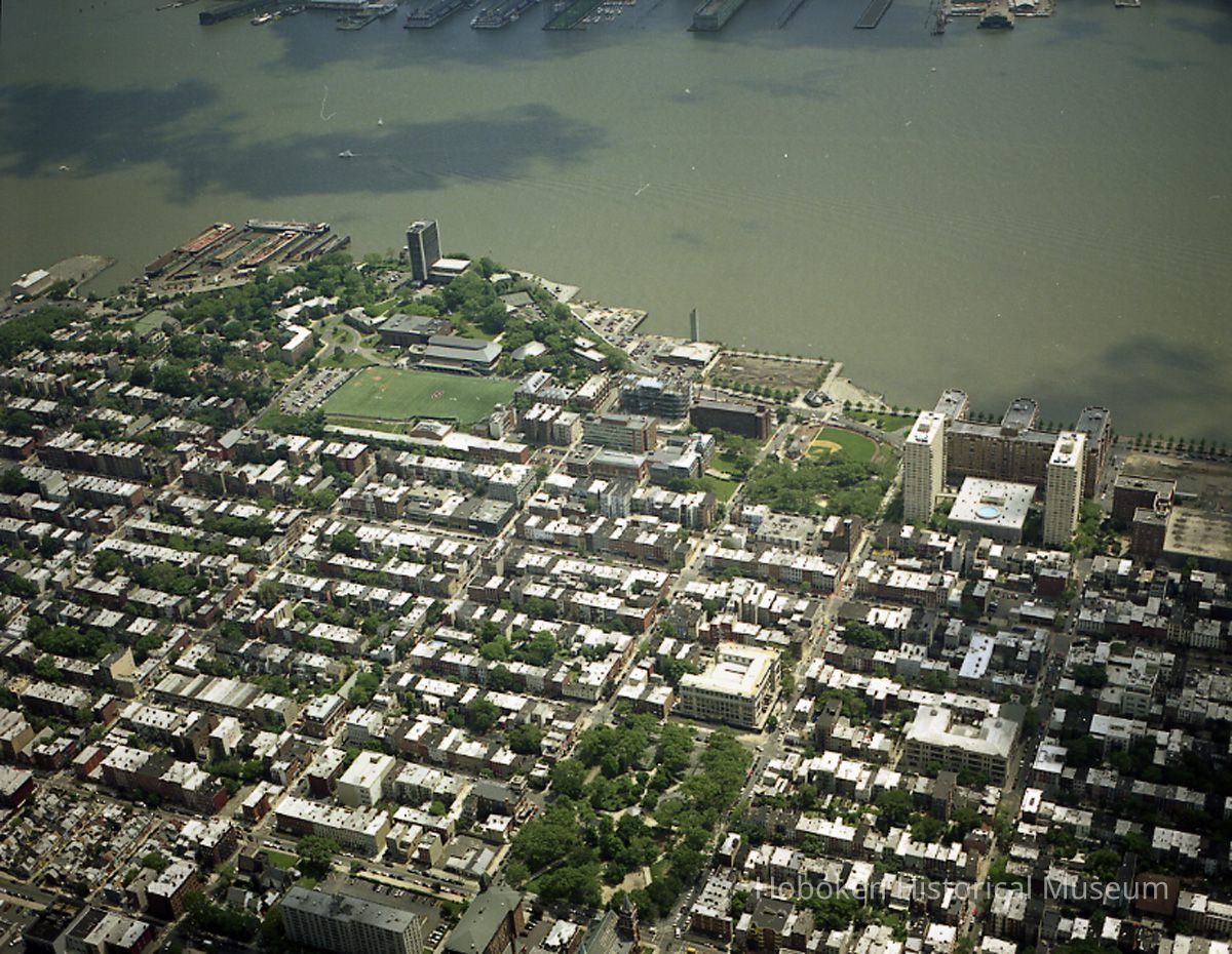 Digital reference image of color aerial view of Hoboken, June 6, 2003. Image number 8581. Photographer, Lee Ross, 