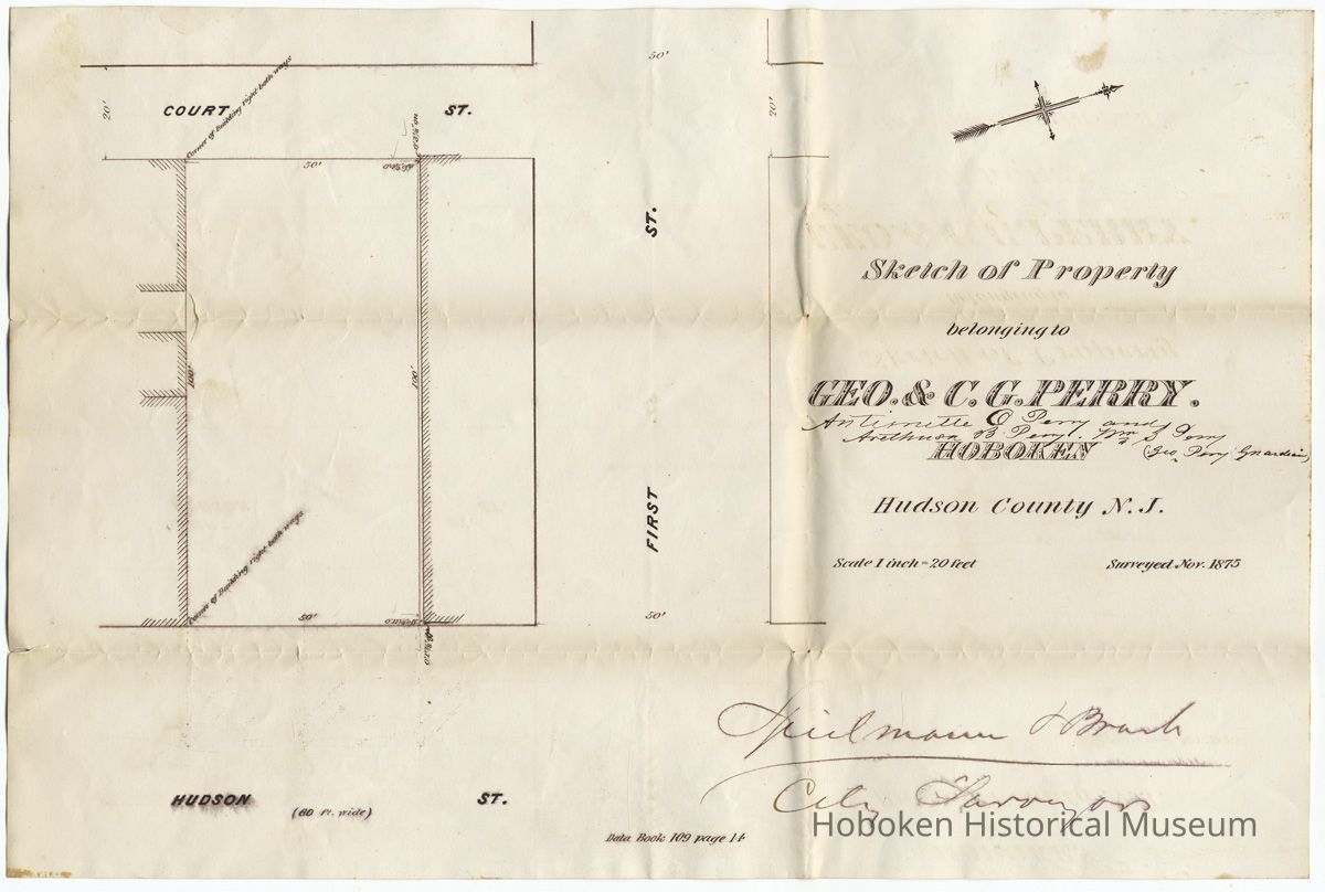 Sketch of Property belong to George & C.G. Perry, Hoboken, N.J. Hudson St. south of 1st St., Hoboken. Surveyed Nov. 1875. picture number 1