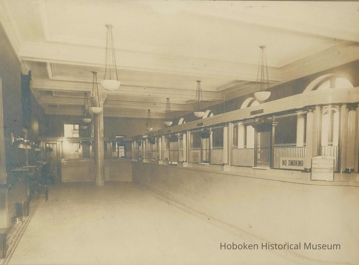 Sepia-tone photo of the customer lobby of the Hoboken Bank for Savings, Hoboken, no date, ca. 1890-1900. picture number 1