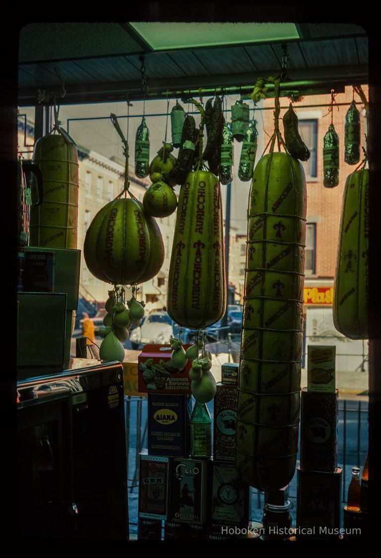 Color slide of interior view of Di Gennaro's deli storefront window display at 536 Garden on the corner of Garden & 6th picture number 1