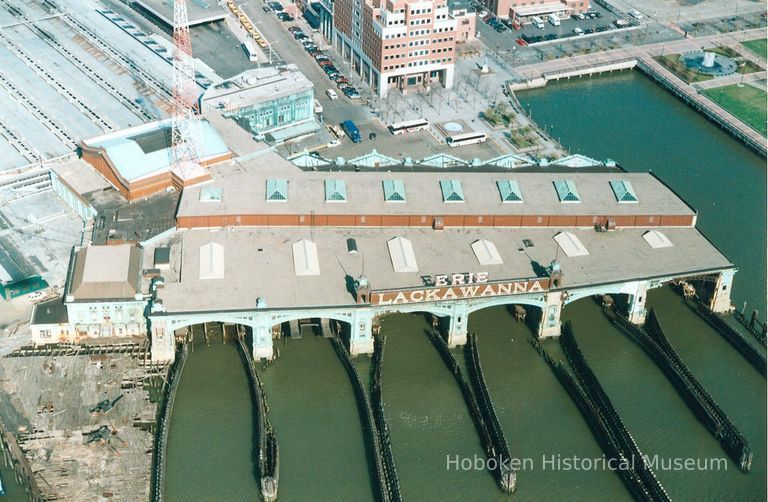 Digital image of color photo of an aerial view of the Hoboken Terminal looking northwest from the Hudson River, Hoboken, April 13, 2000. picture number 1