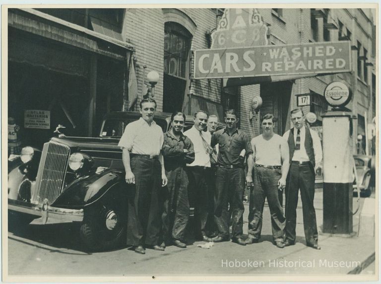 B+W photo of 4 men on the sidewalk at the Model Garage, 214 Clinton St., Hoboken, no date, ca. 1935. picture number 1