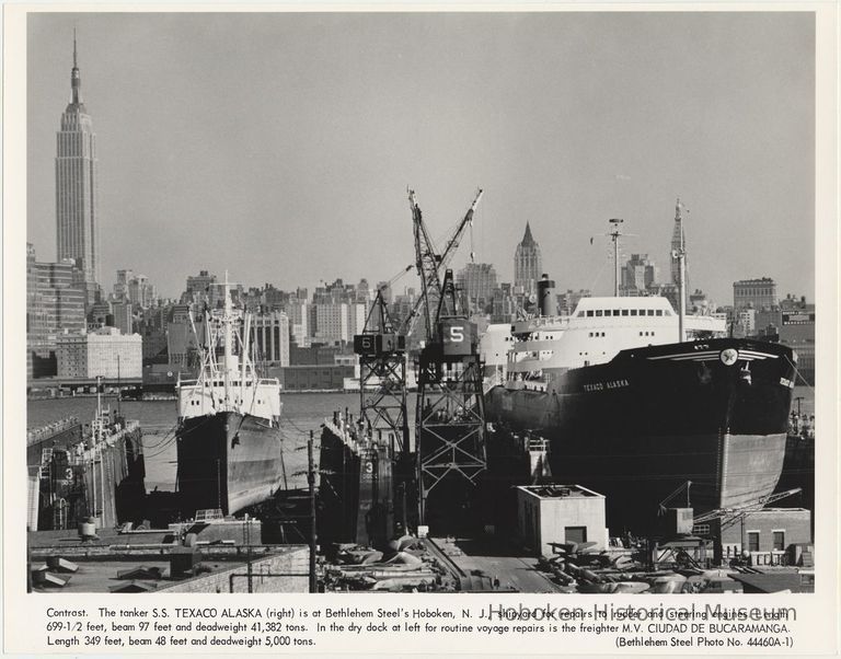 B+W photo of tanker S.S. Texaco Alaska in drydock at Bethlehem Steel Hoboken Shipyard, n.d., ca. 1960 (to 1965.) picture number 1