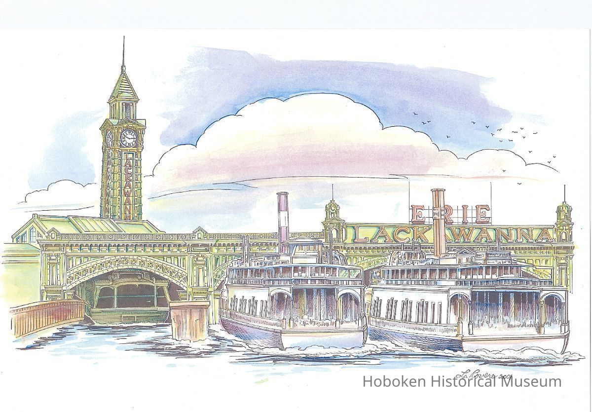 Color print of drawing of the Erie Lackwanna Terminal ferry slips and clock tower by Richard La Rovere, 2001. picture number 1