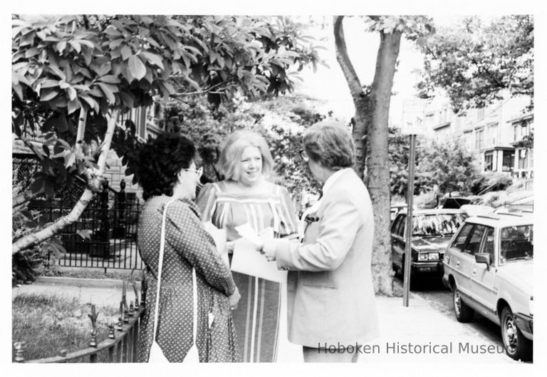 B+W photo of 3 people possibly affiliated with mayoral candidate Tom Vezzetti's campaign at unidentified location, Hoboken, no date, ca. June 1985. picture number 1