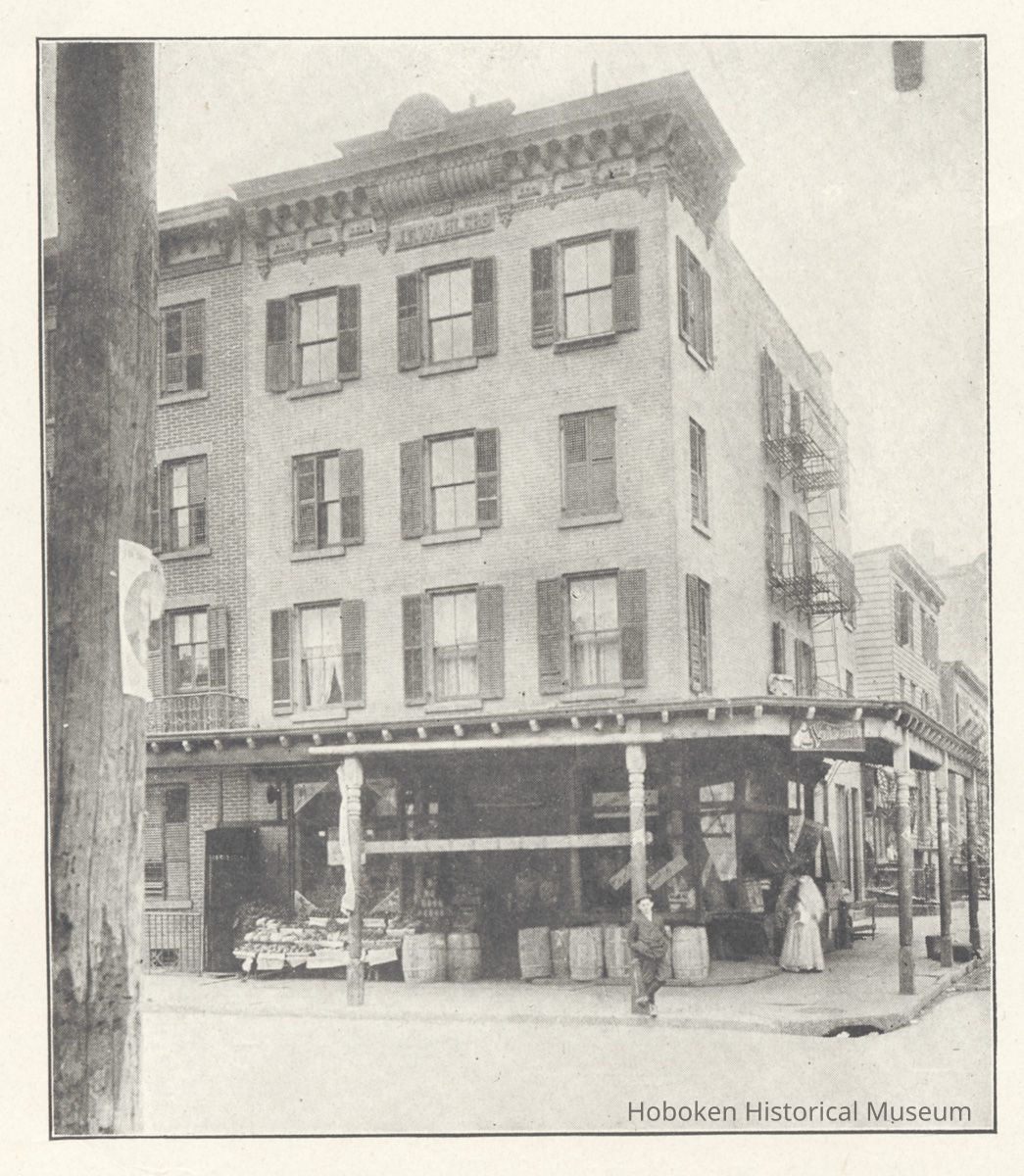 Printed B+W photograph of Garden Street Market, northeast corner of Garden and Newark Streets, Hoboken, no date, ca. 1906-1908. picture number 1